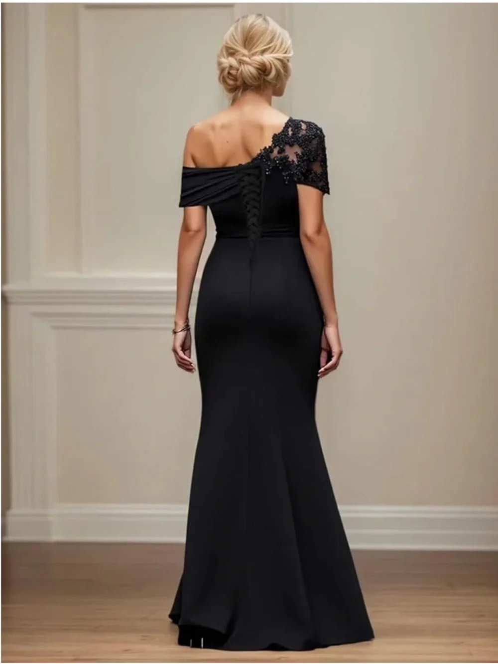 Black Chiffon One Shoulder Gown Corset Lace Back Wedding Guest Formal Dress Sz 4 - Picture 2 of 10
